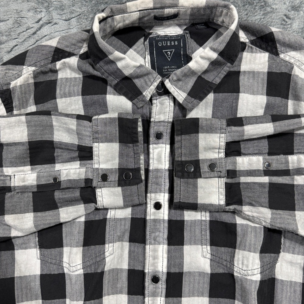 Guess Buffalo‎ Check Snap Front Shirt Mens XXL Black White Slim Fit M43H11W5JT0